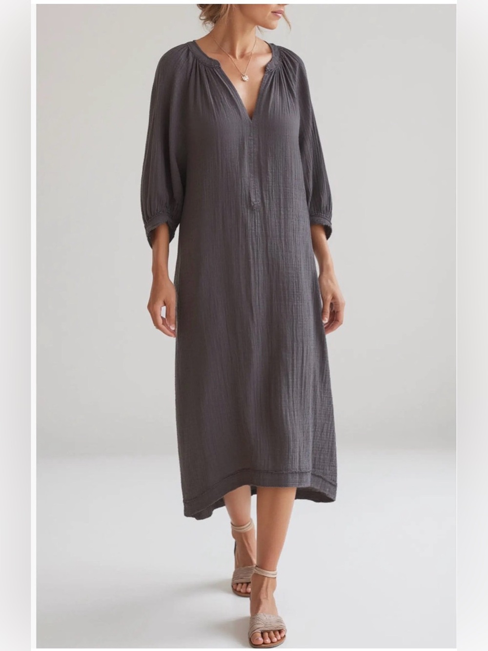 Faherty Charcoal Relaxed V-Neck Gauze Midi Dress in Charcoal